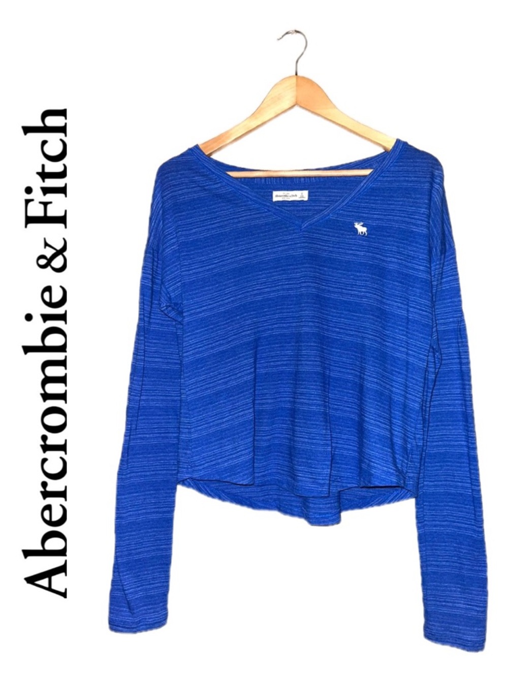 ABERCROMBIE & FITCH Long Sleeve V-Neck Tee Blue Distressed Stripes Shirt women S